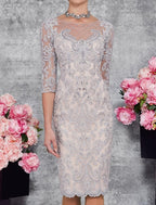 Mother of the Bride Dress Elegant Illusion Neck Knee Length 3/4 Sleeve Sheath Column with Embroidery