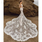 Elegante vestido de novia de encaje de manga larga con escote en V profundo para mujer, vestido de novia de lujo con cola de capilla, vestido de fiesta de boda estilo sirena. 