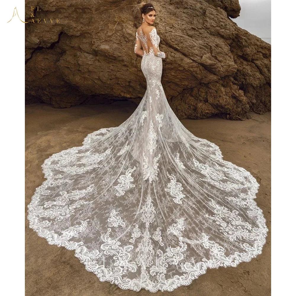 Elegante vestido de novia de encaje de manga larga con escote en V profundo para mujer, vestido de novia de lujo con cola de capilla, vestido de fiesta de boda estilo sirena. 