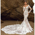 Elegante vestido de novia de encaje de manga larga con escote en V profundo para mujer, vestido de novia de lujo con cola de capilla, vestido de fiesta de boda estilo sirena. 