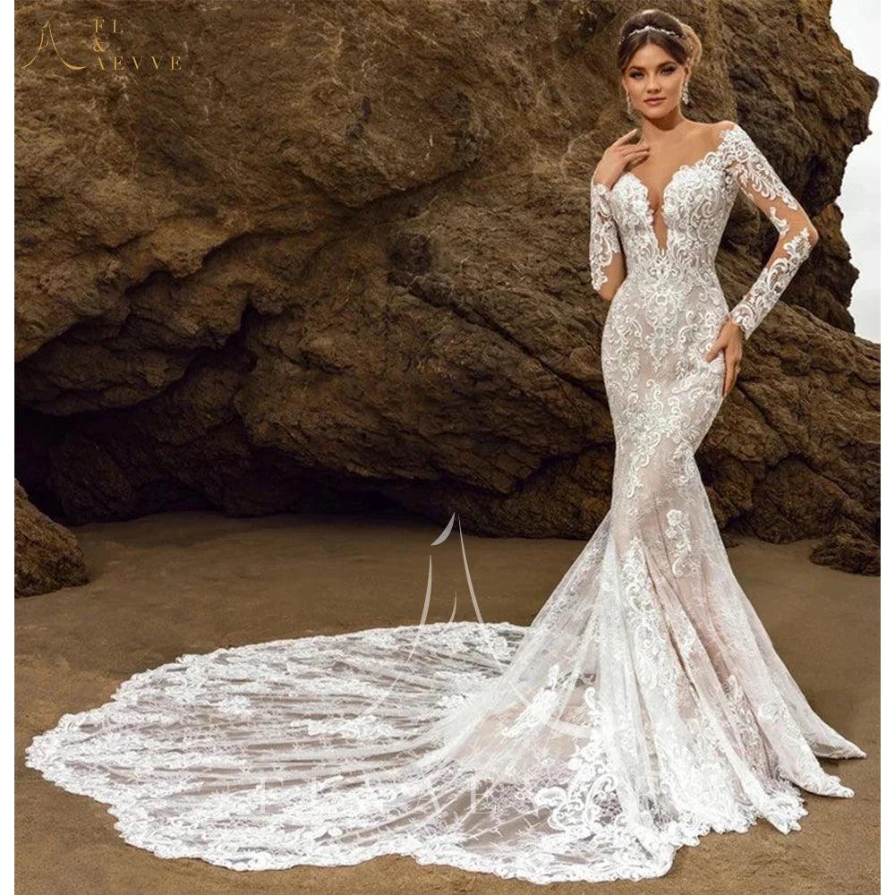 Elegante vestido de novia de encaje de manga larga con escote en V profundo para mujer, vestido de novia de lujo con cola de capilla, vestido de fiesta de boda estilo sirena. 