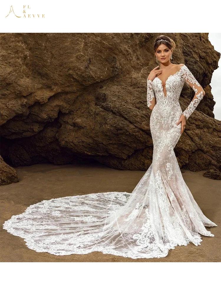 Elegante vestido de novia de encaje de manga larga con escote en V profundo para mujer, vestido de novia de lujo con cola de capilla, vestido de fiesta de boda estilo sirena. 