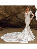 Elegante vestido de novia de encaje de manga larga con escote en V profundo para mujer, vestido de novia de lujo con cola de capilla, vestido de fiesta de boda estilo sirena. 