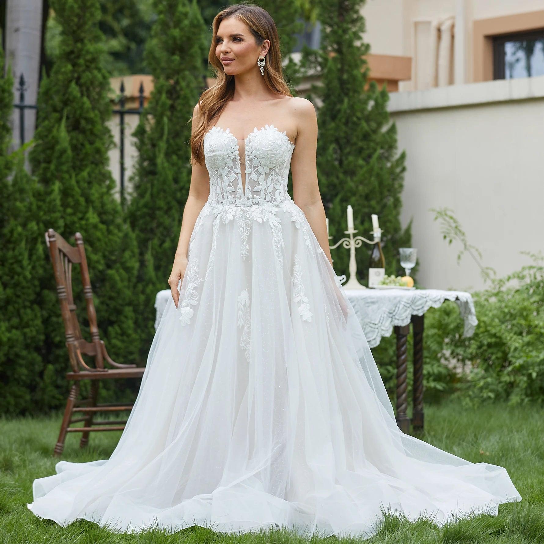 Elegantes vestidos de novia de encaje para mujer 2024, sin mangas, escote en V profundo, brillantes, con escote en forma de corazón, de lujo. 