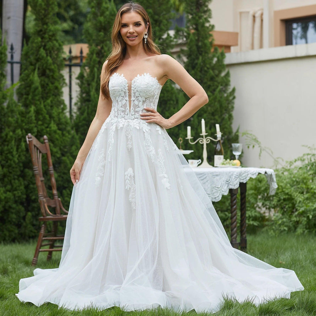 Elegantes vestidos de novia de encaje para mujer 2024, sin mangas, escote en V profundo, brillantes, con escote en forma de corazón, de lujo. 