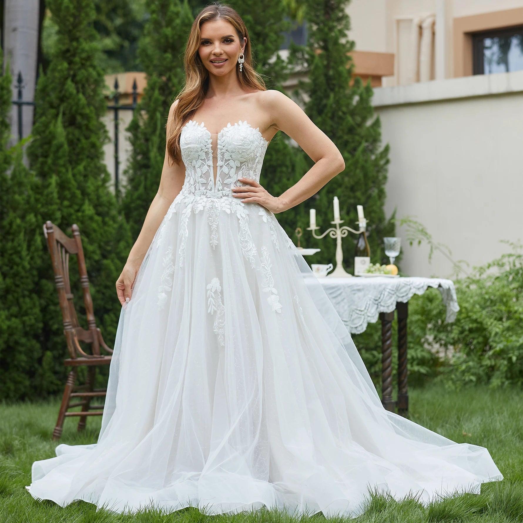 Elegantes vestidos de novia de encaje para mujer 2024, sin mangas, escote en V profundo, brillantes, con escote en forma de corazón, de lujo. 