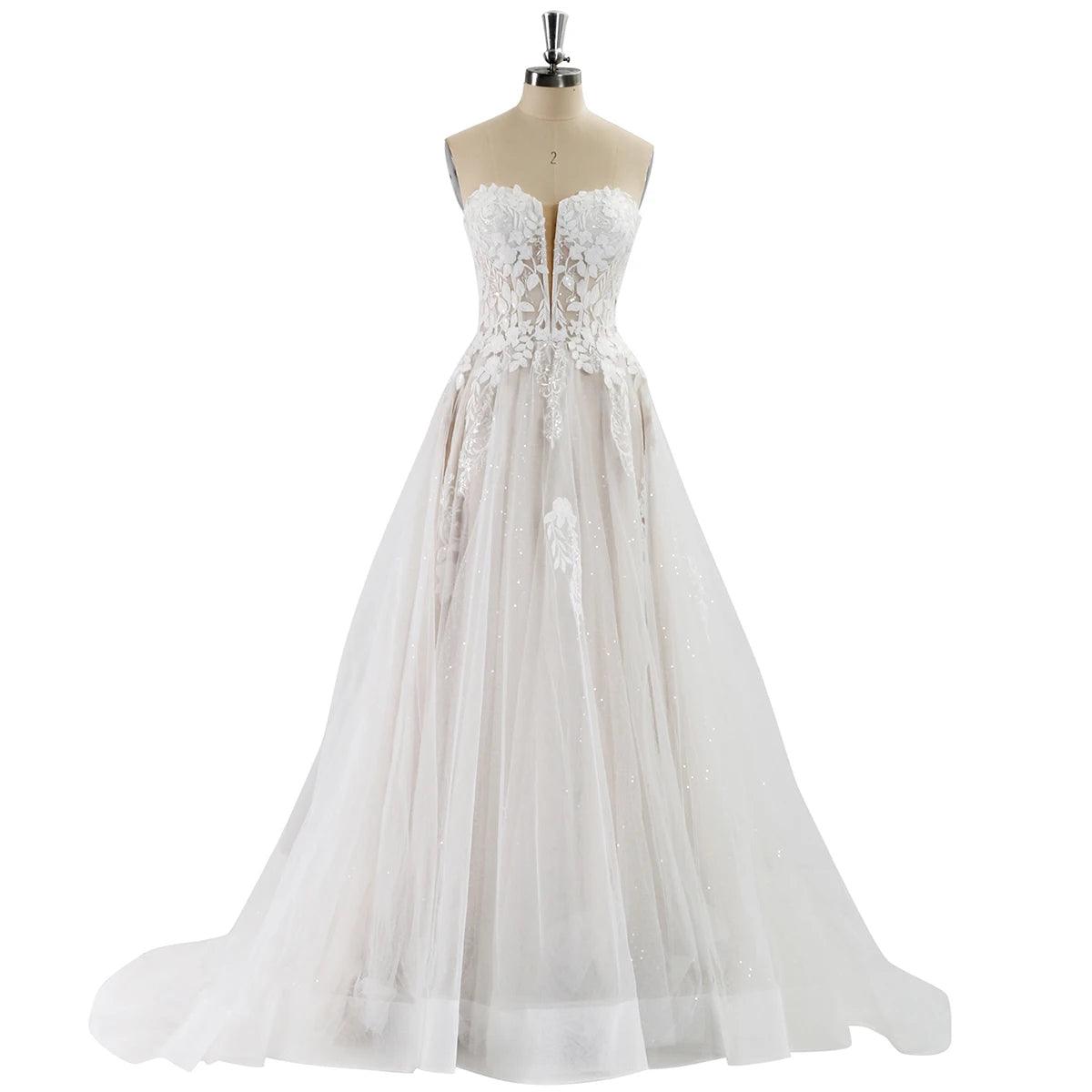 Elegantes vestidos de novia de encaje para mujer 2024, sin mangas, escote en V profundo, brillantes, con escote en forma de corazón, de lujo. 
