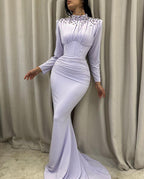 Elegantes langes Meerjungfrau-Ballkleid mit hohem Halsausschnitt und Satin-Kristallen und langen Ärmeln