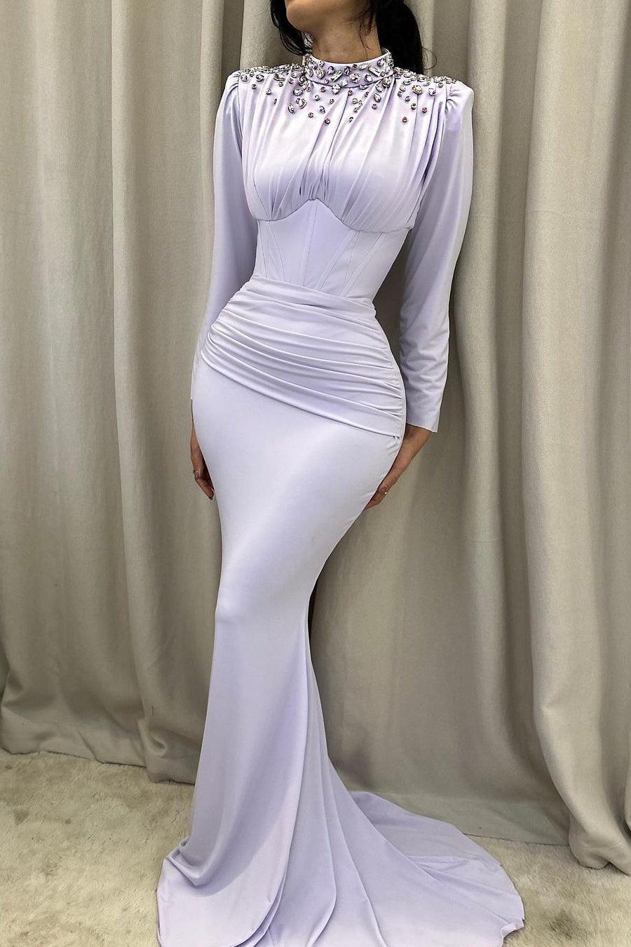 Elegantes langes Meerjungfrau-Ballkleid mit hohem Halsausschnitt und Satin-Kristallen und langen Ärmeln