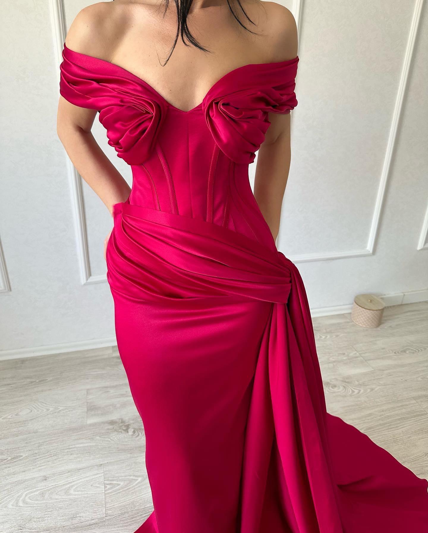 Elegantes langes Meerjungfrau-Ballkleid aus Satin mit schulterfreiem, ärmellosem V-Ausschnitt und Fuchsia