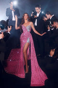 Elegantes langes Meerjungfrau-Abendkleid mit Spaghettiträgern und Pailletten, ärmellos, mit Schlitz