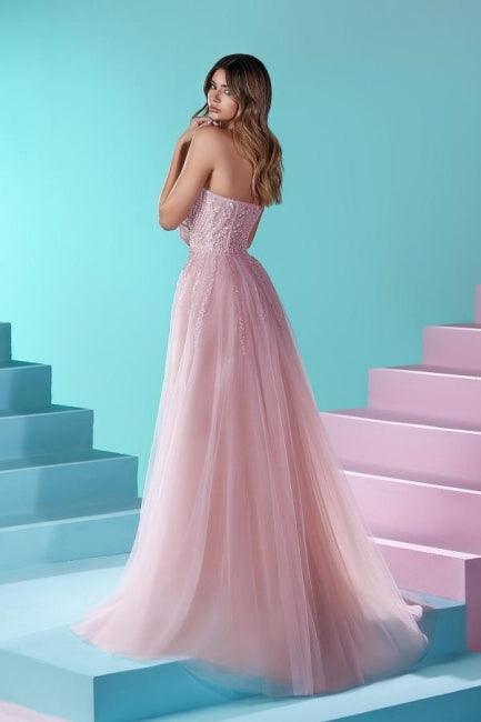 Elegantes langes rosa A-Linien-Ballkleid aus Spitze mit Schlitz und Glitzer