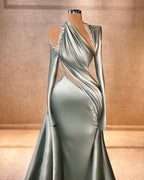 Elegante Meerjungfrau Langarm Neckholder Rüschen Satin Ballkleider