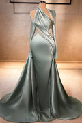Elegante Meerjungfrau Langarm Neckholder Rüschen Satin Ballkleider