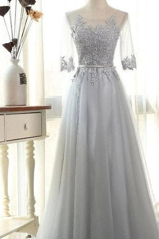 Robe de bal élégante à coupe trapèze et manches en tulle longueur au sol