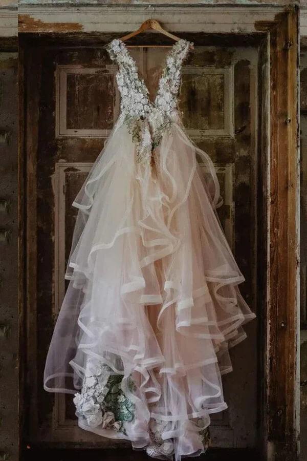 NumberSea Elegantes Tüll A-Linie V-Ausschnitt Blumenspitze Brautkleid MW1009