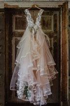 NumberSea Elegantes Tüll A-Linie V-Ausschnitt Blumenspitze Brautkleid MW1009