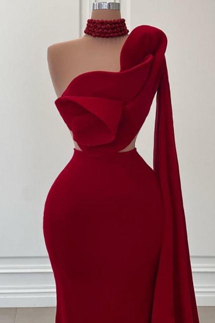 Fabelhaftes langes, burgunderrotes, einschultriges, ärmelloses Meerjungfrauen-Ballkleid mit Rüschen