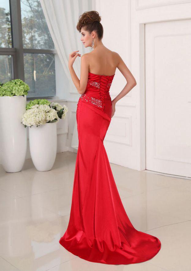 Fabelhaftes langes rotes trägerloses, ärmelloses Ballkleid mit Pailletten und Schnürung