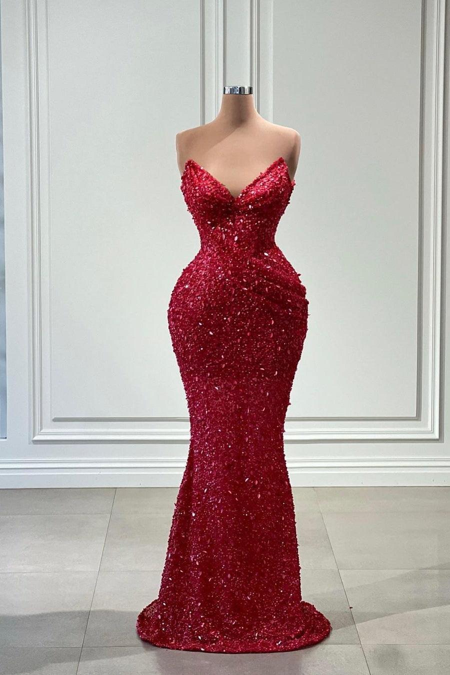 Fabelhaftes langes rotes ärmelloses Meerjungfrau-Ballkleid mit V-Ausschnitt und Pailletten