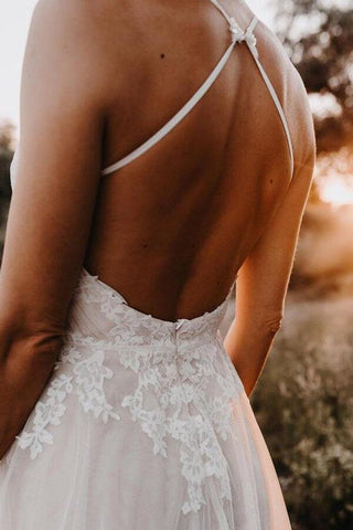 NumberSea Tulle A-line Backless V-neck Appliqued Wedding Dress, Birdal Gown, MW606