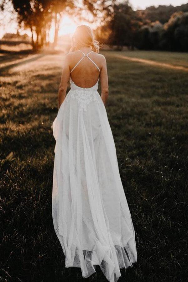 NumberSea A-Linien-Brautkleid aus Tüll, rückenfrei, V-Ausschnitt, mit Applikationen, Vogelkleid, MW606