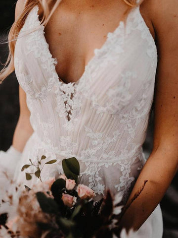 NumberSea Tulle A-line Backless V-neck Appliqued Wedding Dress, Birdal Gown, MW606