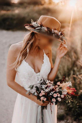 NumberSea Tulle A-line Backless V-neck Appliqued Wedding Dress, Birdal Gown, MW606