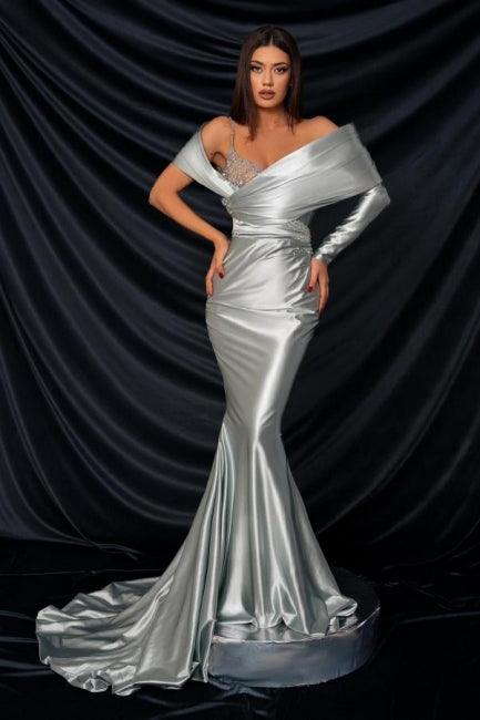 Modisches, langes, silbernes, schulterfreies Ballkleid aus Spitze im Meerjungfrauenstil mit langen Ärmeln