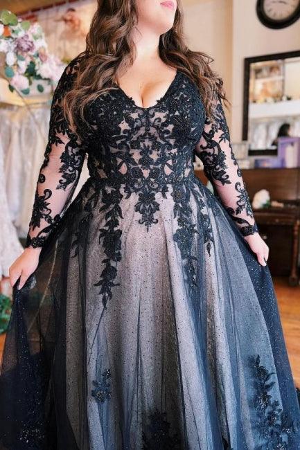 Bodenlanges A-Linien-Ballkleid mit Schlitz vorn, langen Ärmeln, V-Ausschnitt und Applikationen