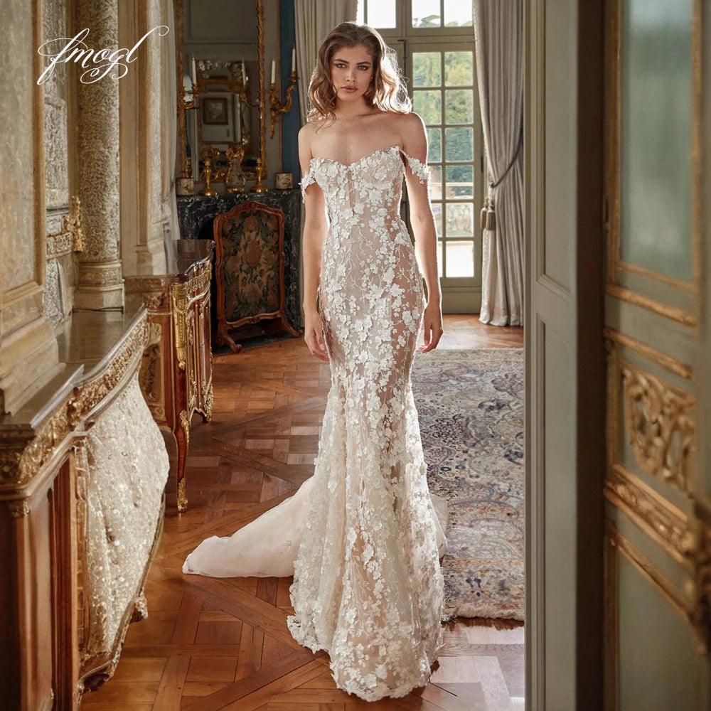 Vestido de novia elegante de Fmogl con escote barco, tirantes finos, encaje, sirena, ilusión sexy, cuentas, perlas, cola de corte, corte trompeta
