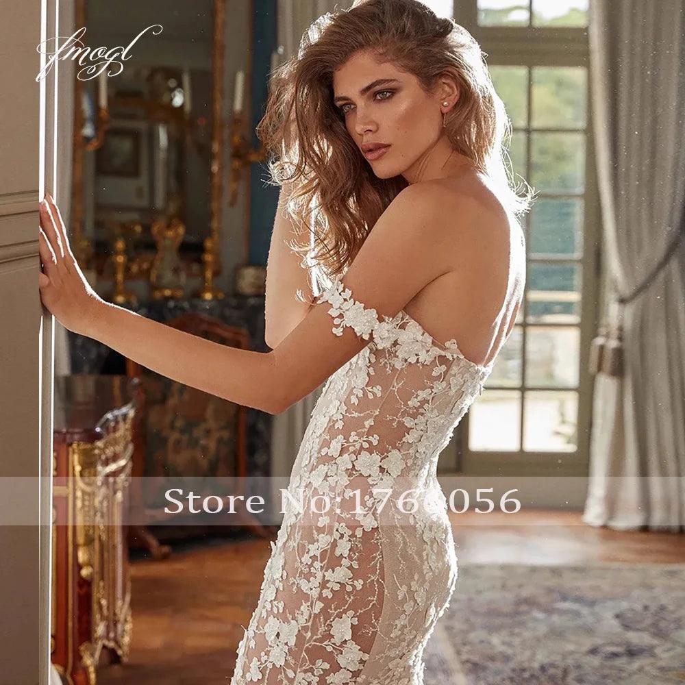 Vestido de novia elegante de Fmogl con escote barco, tirantes finos, encaje, sirena, ilusión sexy, cuentas, perlas, cola de corte, corte trompeta