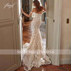Vestido de novia elegante de Fmogl con escote barco, tirantes finos, encaje, sirena, ilusión sexy, cuentas, perlas, cola de corte, corte trompeta