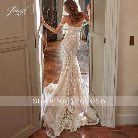 Fmogl Elegantes U-Boot-Ausschnitt Spaghettiträger Spitze Meerjungfrau Hochzeitskleid Sexy Illusion Perlen Perlen Hofschleppe Trompeten-Brautkleid