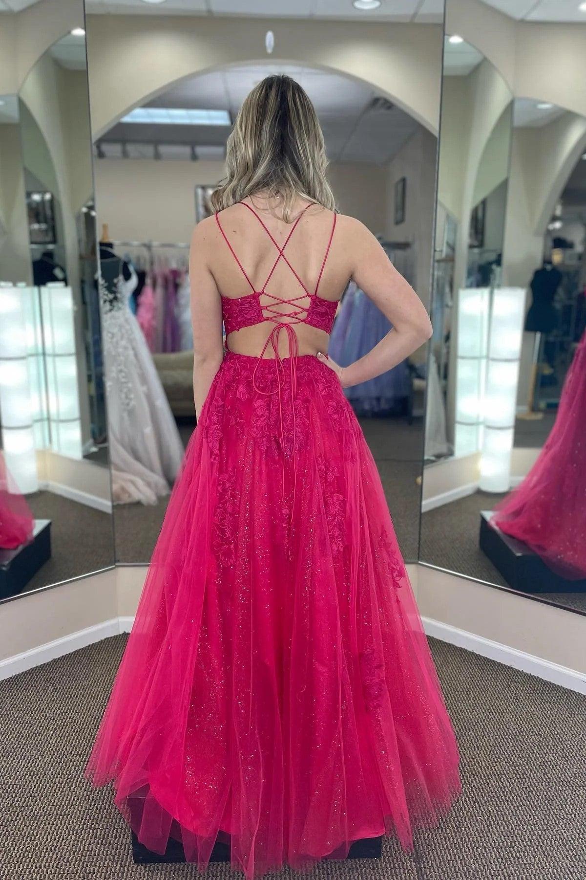 Fuchsiafarbenes, A-Linien-Abendkleid aus Tüll mit Rundhalsausschnitt, Applikationen und Schlitz