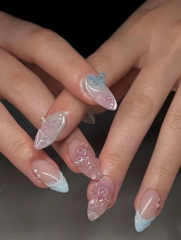Uñas postizas de gel hechas a mano Blue Blossom, uñas postizas a presión