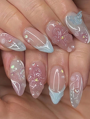 Uñas postizas de gel hechas a mano Blue Blossom, uñas postizas a presión