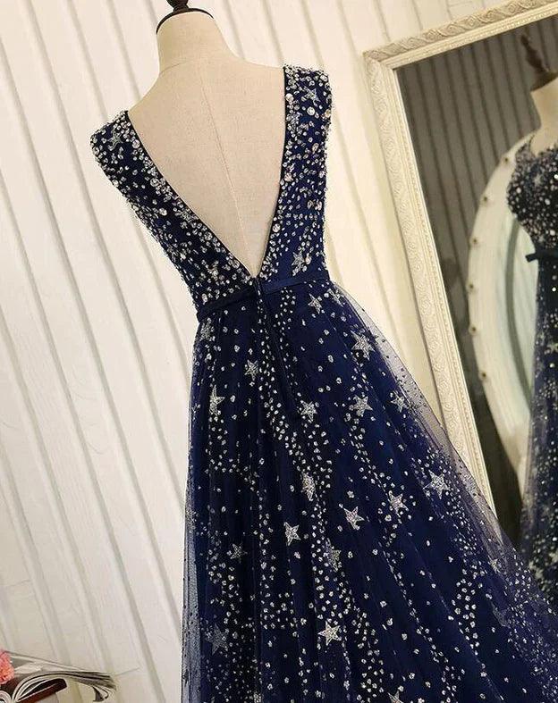 Vestido largo de fiesta de tul azul marino con espalda en V, vestidos de graduación, vestidos de dama de honor de corte A azules