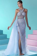 Glamouröses langes blaues Meerjungfrau-Ballkleid mit Perlenbesatz und ärmellosem Tüll