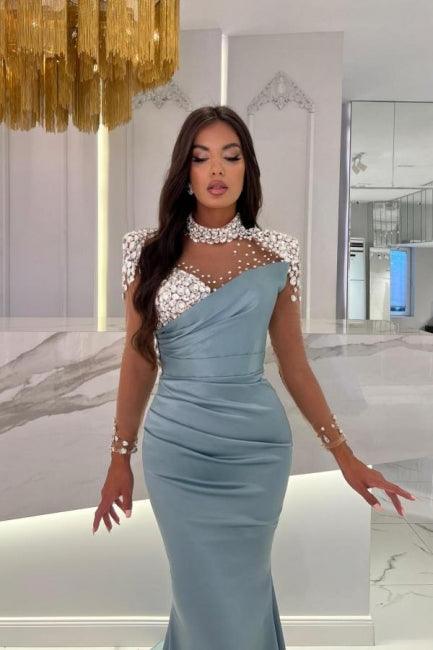 Glamouröses langes blaues Meerjungfrau-Ballkleid mit hohem Halsausschnitt und Glitzer-Satin