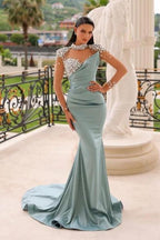 Glamouröses langes blaues Meerjungfrau-Ballkleid mit hohem Halsausschnitt und Glitzer-Satin