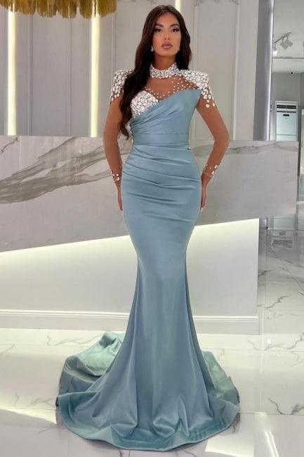 Glamouröses langes blaues Meerjungfrau-Ballkleid mit hohem Halsausschnitt und Glitzer-Satin