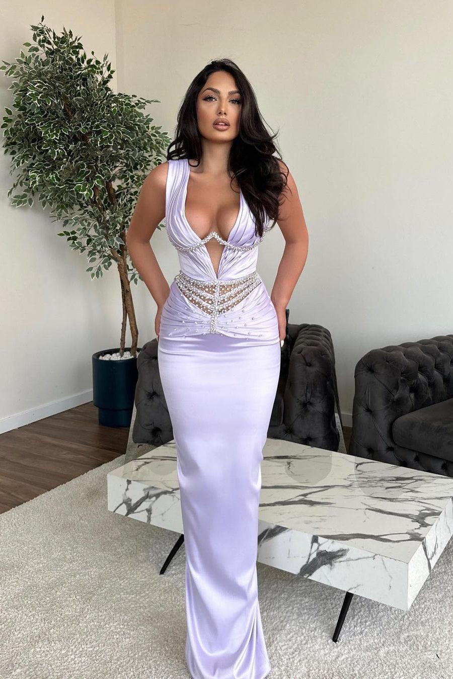 Vestido de fiesta glamuroso de sirena largo con escote en V y pedrería, sin mangas