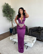 Vestido de fiesta glamuroso de sirena largo con escote en V y pedrería, sin mangas