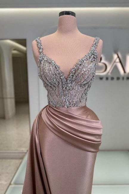 Glamouröses langes Meerjungfrau-Ballkleid mit V-Ausschnitt und ärmellosem Schmucksteinmuster