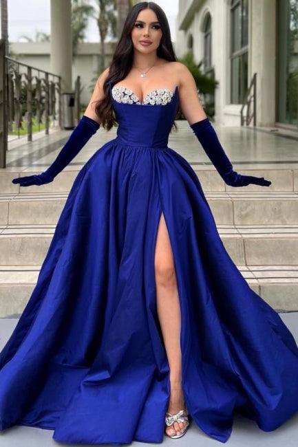 Glamouröses langes königsblaues A-Linien-Ballkleid aus Glitzersatin mit Schlitz