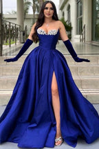 Glamouröses langes königsblaues A-Linien-Ballkleid aus Glitzersatin mit Schlitz