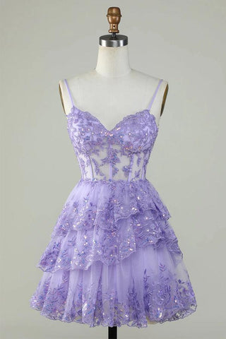 Glitter Lace Corset Ruffle Tiered Lavender Homecoming Dress