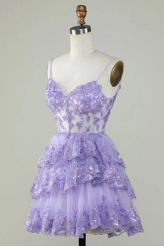 Glitter Lace Corset Ruffle Tiered Lavender Homecoming Dress