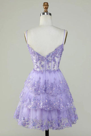 Glitter Lace Corset Ruffle Tiered Lavender Homecoming Dress